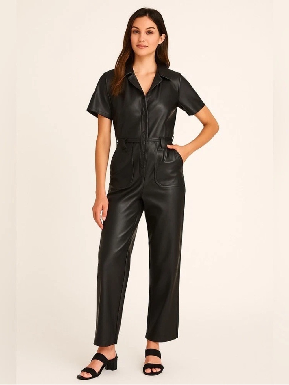 7 For All Mankind Black Faux Leather Jumpsuit with Tie Belt (M)